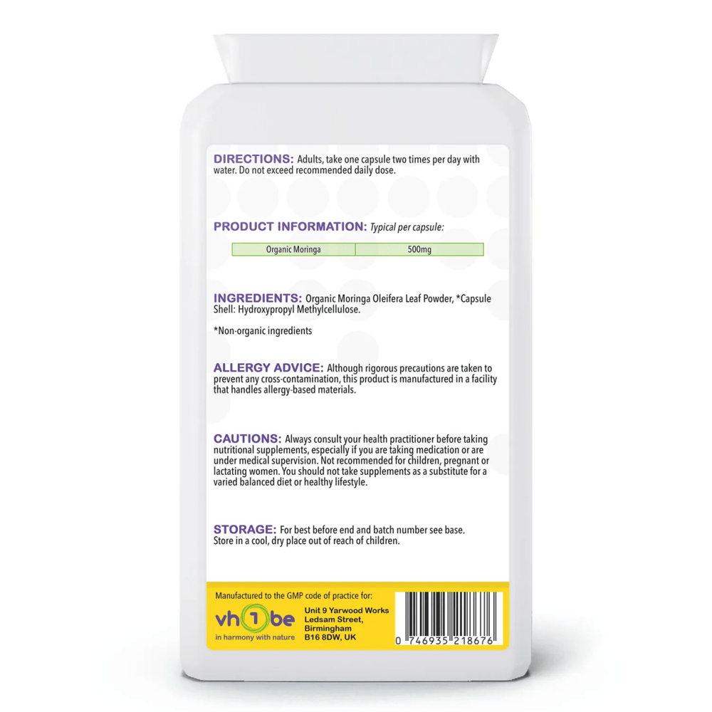 Organic Moringa | 500mg | Capsules | 120 Count | Supports general wellbeing – vh1be by vh1be – Ayurvedic & Scientific Wellness made in the UK |