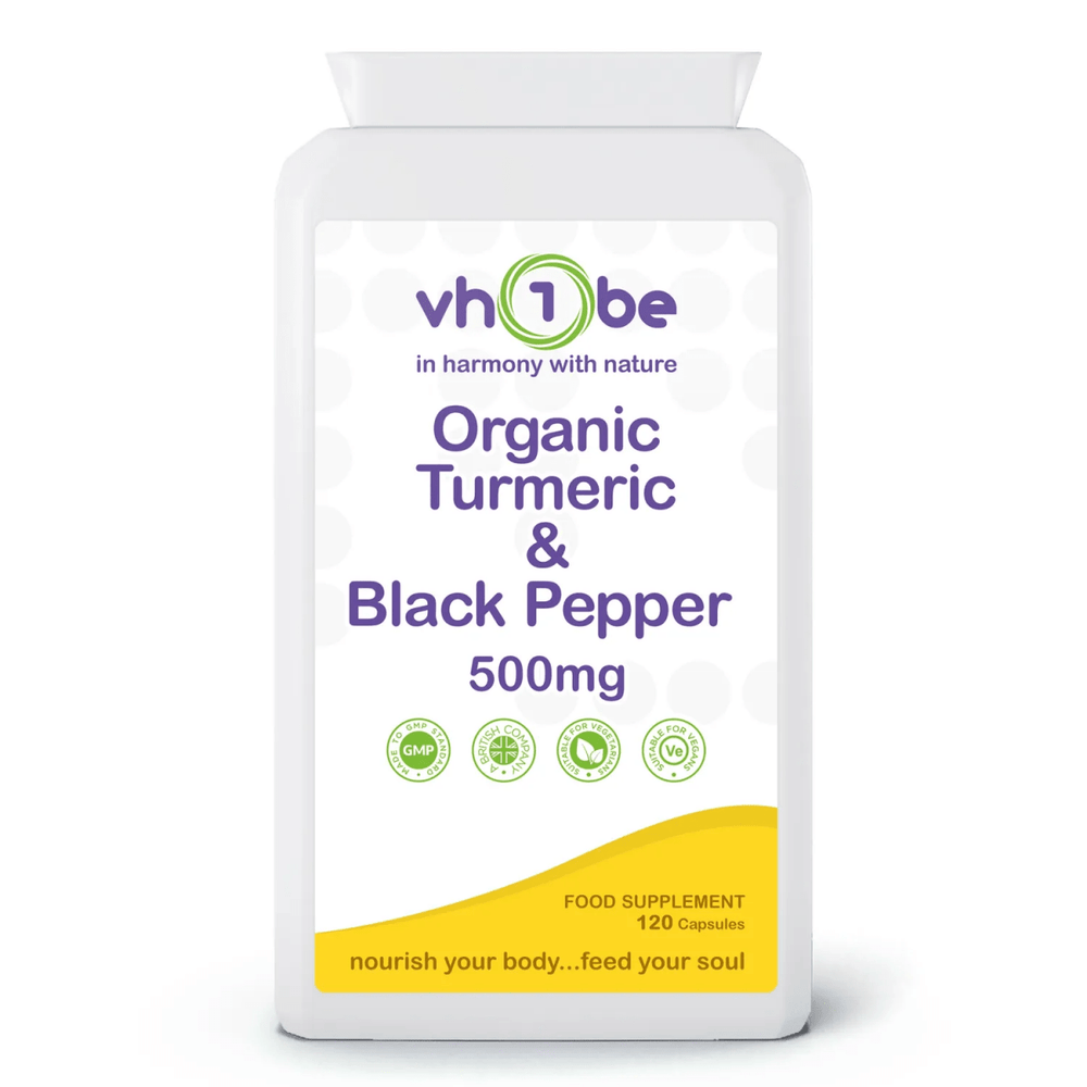 Organic Turmeric with Black Pepper Extract | 500mg | Capsules | 120 Count | Supports joint mobility and everyday wellbeing – vh1be by vh1be – Ayurvedic & Scientific Wellness made in the UK |