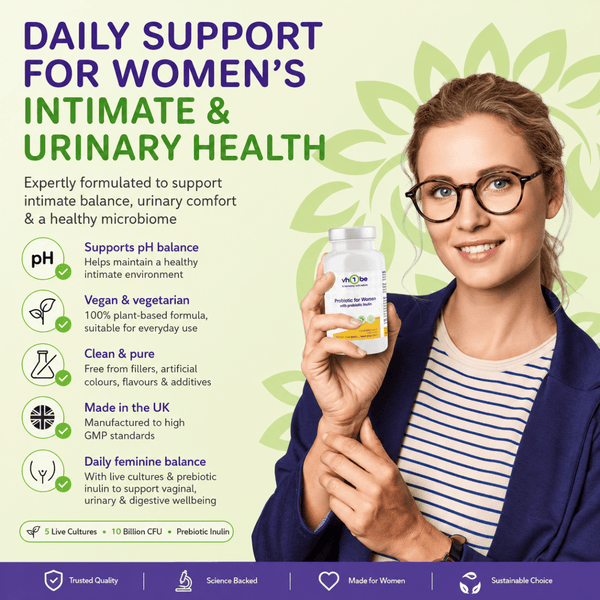 Probiotic for Women with Prebiotic Inulin | 10 Billion CFU | 60 Capsules – vh1be by vh1be – Ayurvedic & Scientific Wellness Womens Probiotics made in the UK | gut health