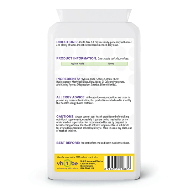 Psyllium Husks | 750mg | Capsules | 90 Count | Supports general wellbeing – vh1be by vh1be – Ayurvedic & Scientific Wellness made in the UK |