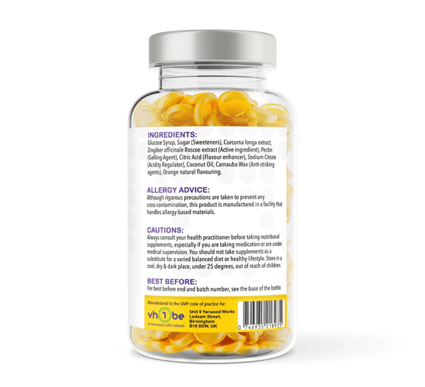 Turmeric & Ginger 120 Orange Flavour Gummies | Gummies | Supports joint mobility and everyday wellbeing – vh1be by vh1be – Ayurvedic & Scientific Wellness made in the UK |