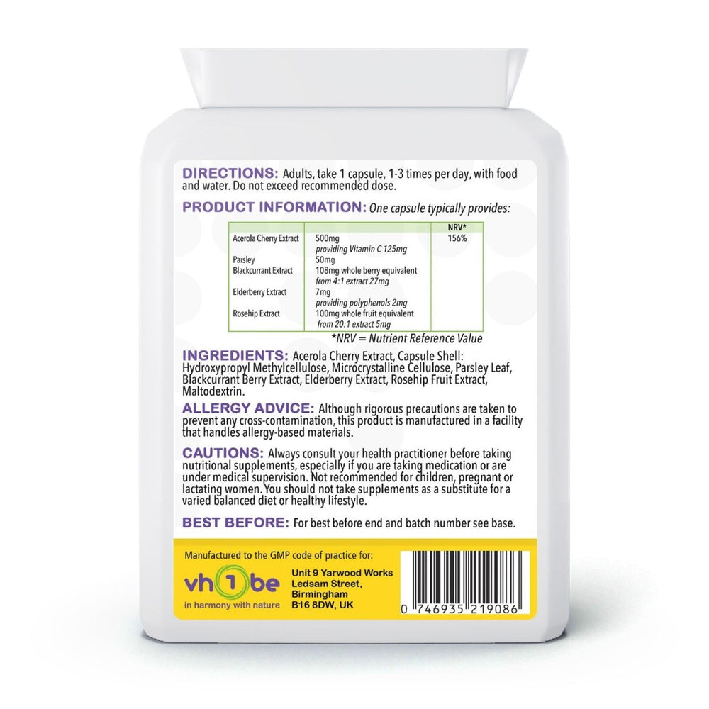 Vitamin C Acerola Immune Complex (Food Form) | Capsules | 120 Count | Supports immune system function and collagen formation – vh1be by vh1be – Ayurvedic & Scientific Wellness made in the UK |